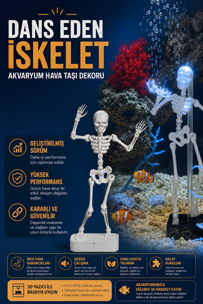 GF3D 3D Baskı Dans Eden İskelet Akvaryum Hava Taşı Dekoru – Hareketli Oksijen...
