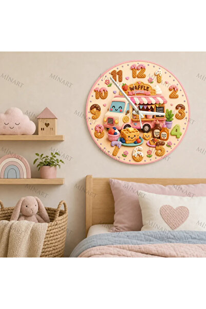 ensaat Waffle Shop and Dessert Cart Children's Room Wall Clock Silent Wooden ...