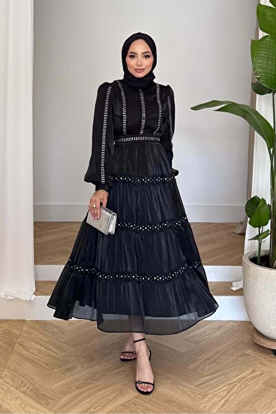 Rimel Moda İnci Detaylı Elbise Siyah