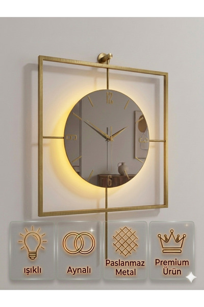 Ronson LED Işıklı Aynalı Gold Kare Metal Duvar Saati | Premium Dekoratif Sess...