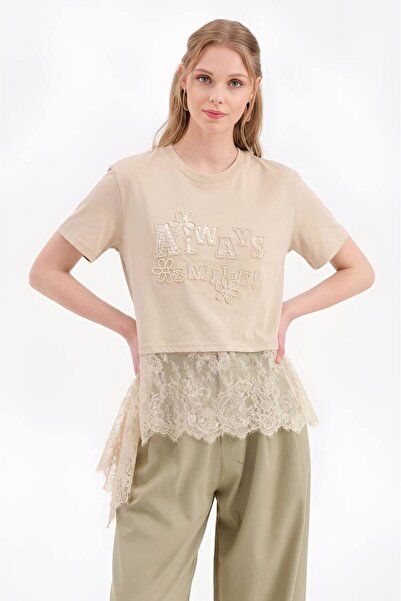 tw3 Women's T-Shirt with Lace Detailing at the Hem and Sequin Embroidery on t...