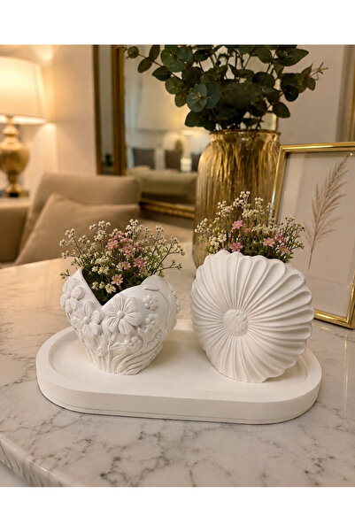 BUBUHOMEDECOR 3lü tabaklı Papatya ve kalp çiçek set