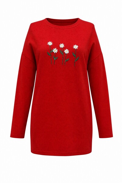 Modamorfo Daisy Embroidered Round Neck Combed Cotton Tunic -Red