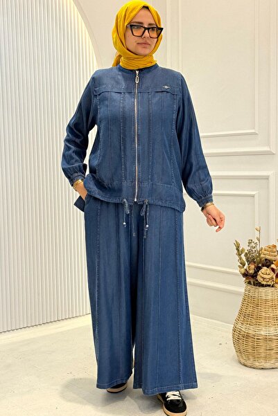 ottoman wear Behrem Büyük Beden Tesettür Pantolonlu Tensel Kot Takım Koyu Mav...