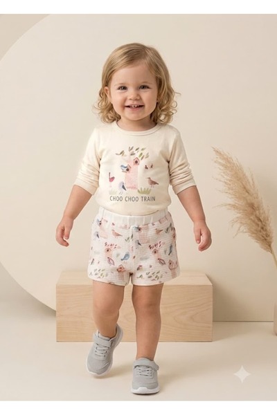 Ozmoz By Mukadder Özden Organic Bird Patterned Spring Baby Girl Shorts