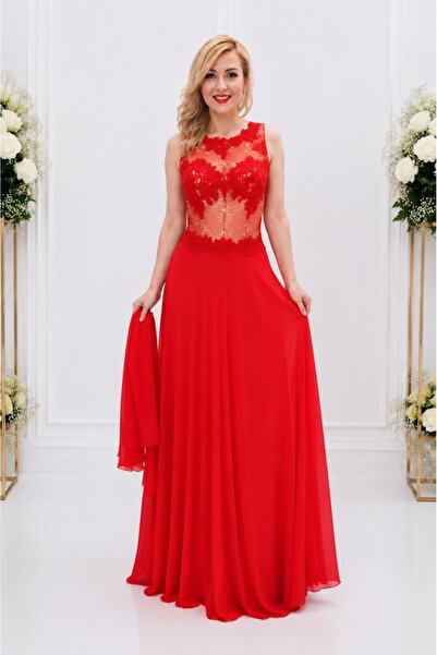 OEM Rochie lunga rosie, rafinata, din dantela deosebita partea de sus