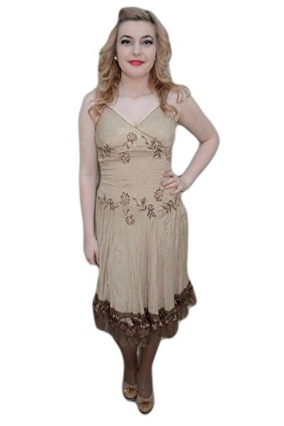 OEM Rochie de vara de lungime medie, culoare bej cu decor maro