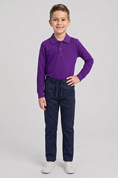 nacar çarşı Boys' Purple Long Sleeve Polo Collar T-Shirt Navy Blue Ribbed Wai...