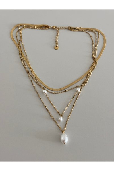 DİESMOONCO Steel Layered Pearl Necklace – 4-Piece Multi Chain Gold Color Italian Chain with Drop Pearl End Women's Necklace