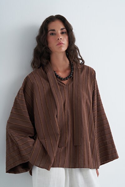 EBU Prive Women's Organic Cotton Thick Striped Cape Blouse Brown