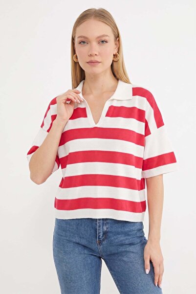 Fulla Moda Striped Apaş Collar Oversize Knitwear T-Shirt