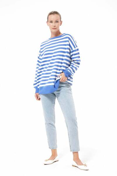 Fulla Moda Striped Crew Neck Oversize Knitwear Sweater