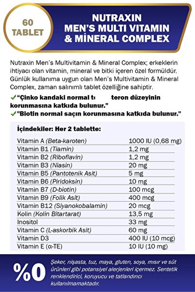 Nutraxin Multivitamin Complex Men's 60 Tablet - Mens Hair Multivitamin Şampuan 100 ml Seyahat Boy Hediye!!