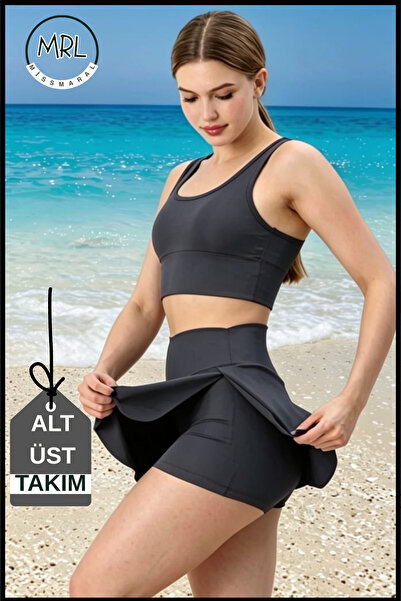 missmaral Kadın Antrasit Şortlu Mayo Takımı İçten Boxerlı 2 Katmanlı Cepli Göğüs Pedli Toparlayıcı