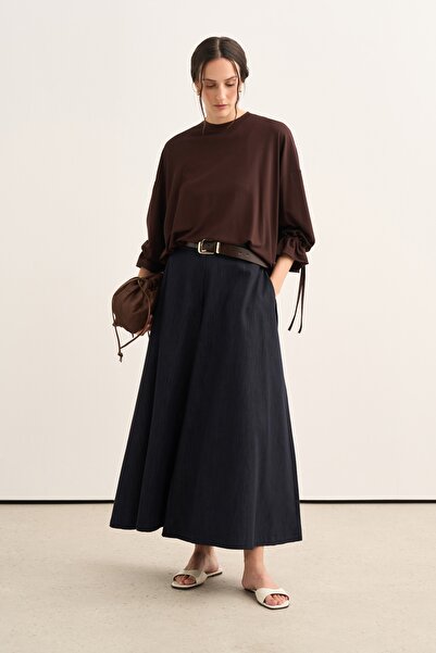 EBU Prive Women's Sleeve Lace-Up Soft Textured Sweatshirt Chocolate Brown