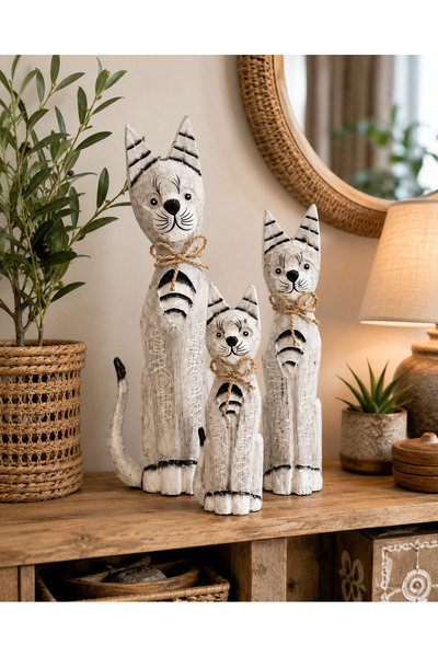 Kuzey Tacı 3'lü El Boyaması Ahşap Kedi Seti Halat Detaylı Hediyelik Kedi Heyk...