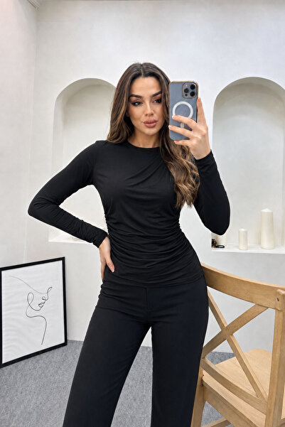 İpli Pleated Long Sleeve Crew Neck Blouse