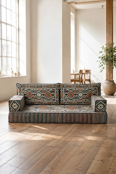 FEYZA DECOR HOME Anadolu Gri Desenli 5 Parça Şark Köşesi Minder Takımı - 20 cm