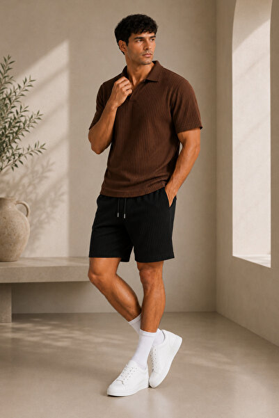 FECCY Premium Ribbed Ottoman Fabric Polo Collar Unisex T-Shirt and Shorts Set...