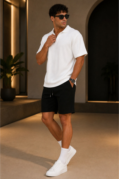 FECCY Premium Ribbed Ottoman Fabric Polo Collar Unisex T-Shirt and Shorts Set...