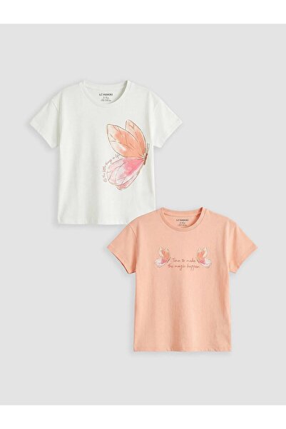 LC Waikiki Tricou pentru fete cu imprimeu și guler rotund, pachet de 2 (S6)