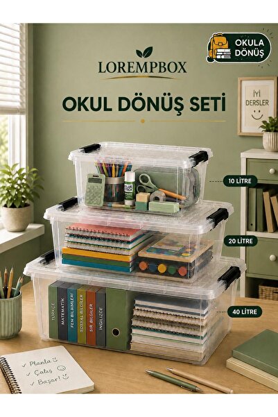 LOREMPBOX Okul Dönüş Düzenleme Seti 3’lü – 10 L + 20 L + 40 L Şeffaf Kilitli ...