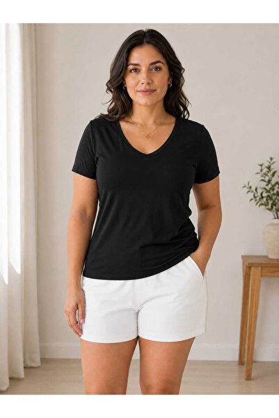 missece Women's Plus Size V-Neck Short Sleeve Cotton Lycra Basic Blouse