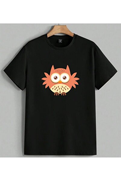 ELFERA Owl Orange Illustration Printed Unisex Oversize T-Shirt Black