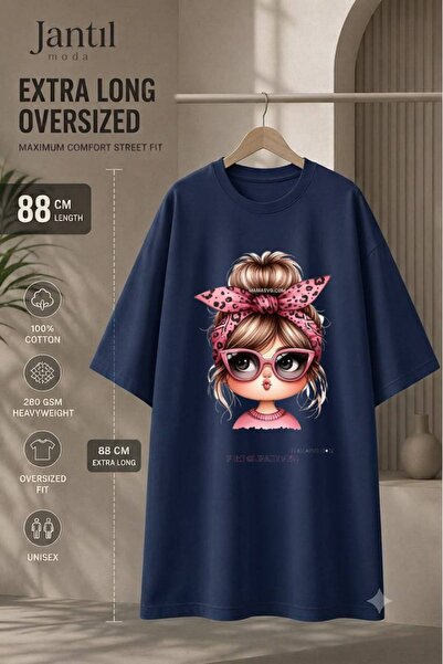 JANTIL MODA تي شيرت طويل جدًا ذو ياقة دائرية مع نظارات ورسومات فتاة بفيونكة ع...