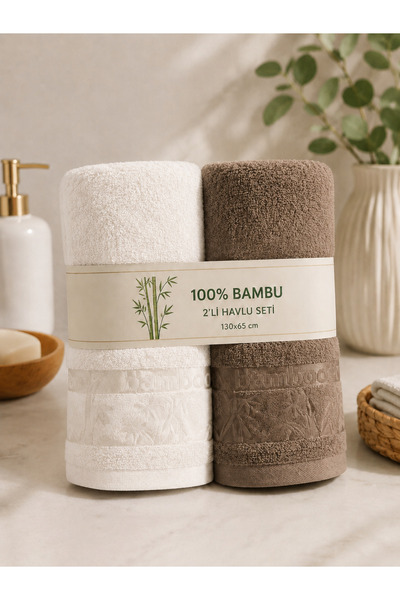 İQON Set of 2 100% Bamboo Bath Towels White-Brown (65X130 cm)