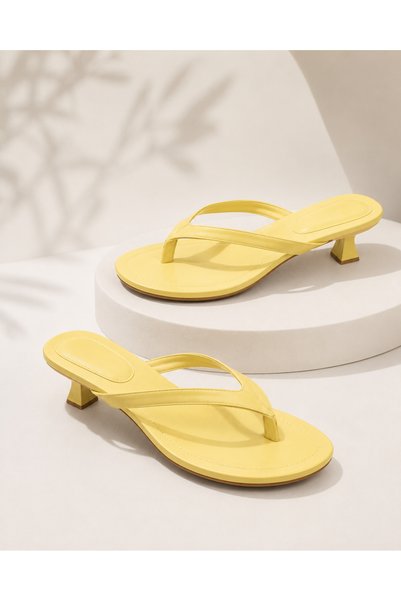 CİMİLİ SHOES Women's Lemon Yellow Color Flip-Flop Heeled Slippers Orthopedic Women's Sandals