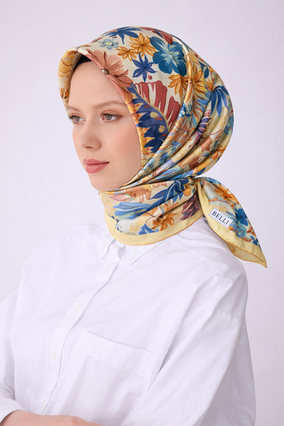Belli Tivil Pure Silk Scarf 4323 - 80 Yellow Flower Pattern