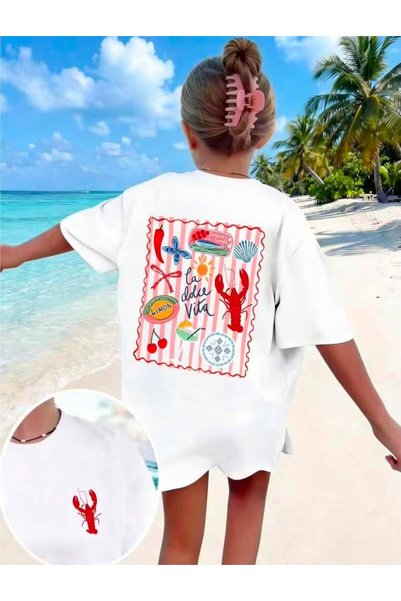 MORNİNG KİDS Girl's Sirt La Dolce Vita Printed Crew Neck White T-Shirt