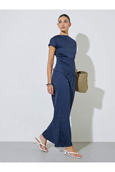 Styli Navy Blue Pinstripe Wide Leg Trousers