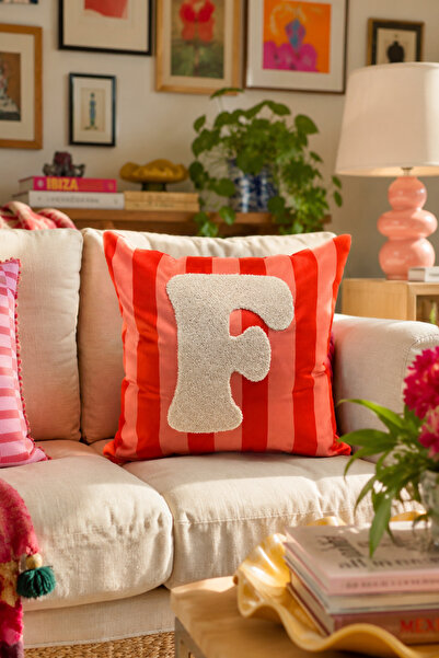 Pilloveland Punch Embroidered Cushion Cover - 43*43 cm - Orange Letter F - Pn...