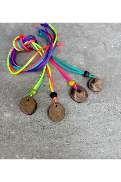 GENCATELİER Handmade Set of 4 Wooden Mandala Necklaces - Colorful Neon String Acrylic Design Jewelry - Measurements Are in the Images