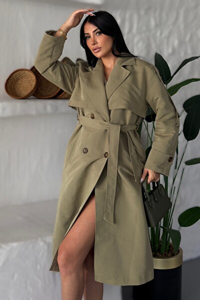 moda armanc Kadın Uzun Keten Trençkot | Kruvaze Yaka Kuşaklı Çift Düğmeli Ove...