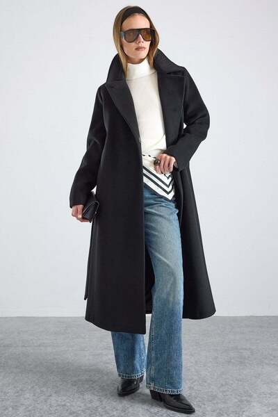 Olcay Button and Snap Detail Premium Coat with Punto Stitching Black 3171