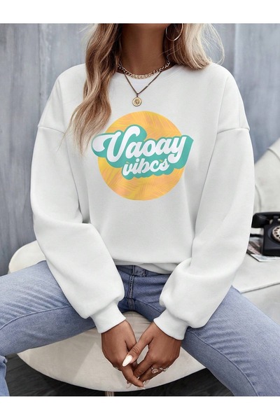 WESTİMO Women's White Vaoay Vibes Printed Oversize Sweatshirt