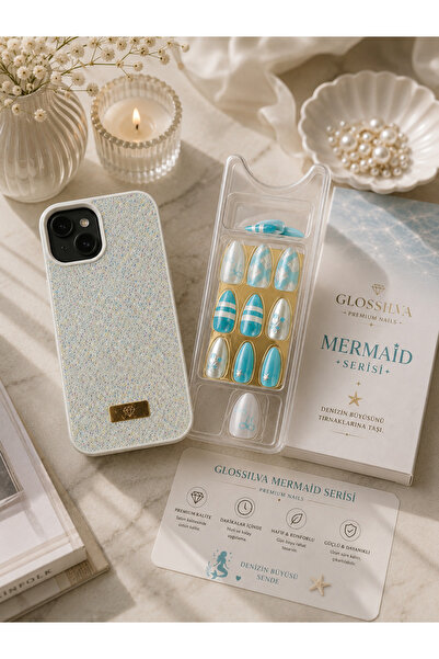 Glossilva Mermaid Serisi Premium Takma Tırnak & Iphone 11 Premium Simli Telef...