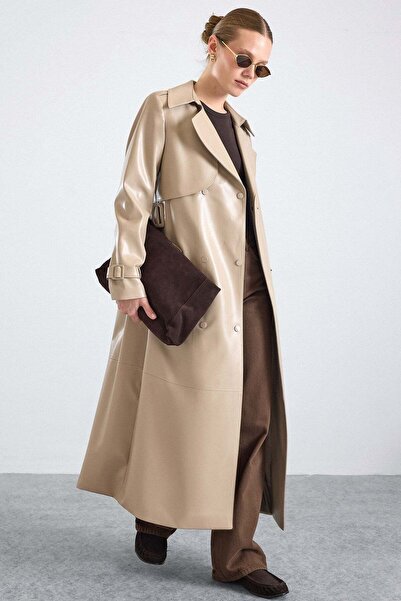 Olcay Leather Trench Coat with Cape Detail and Snap Closure Taş 6875