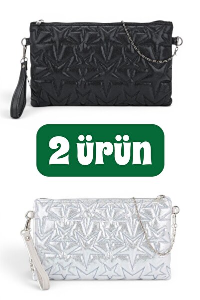 Hale Ege Star Stitched Clutch Star Women's Bag Set of 2 with Chain Strap and ...
