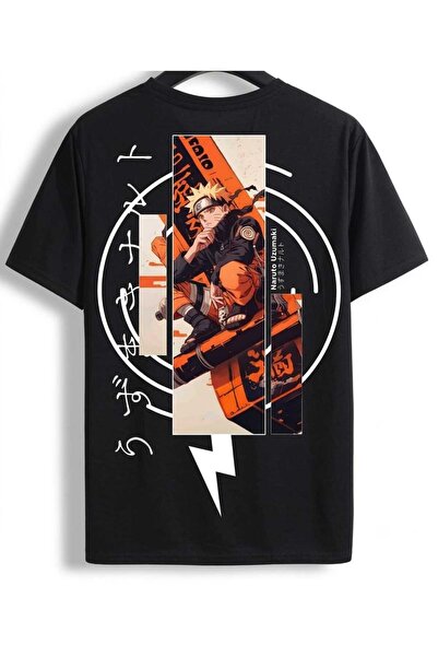 classy moda Tricou unisex negru supradimensionat cu ilustrație anime imprimat...