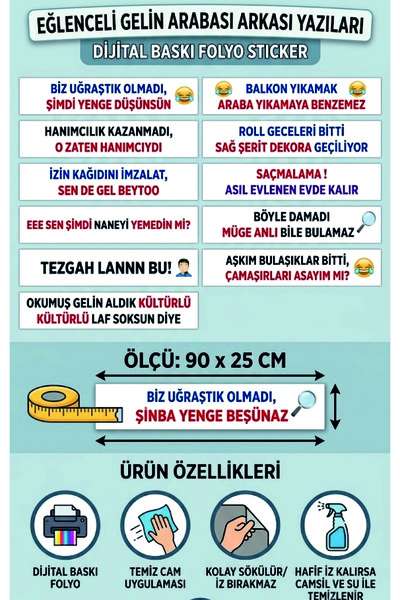 doğa reklam salihli Eğlenceli Düğün Gelin Arabası Arka Cam Yazısı 90x25 cm - ...
