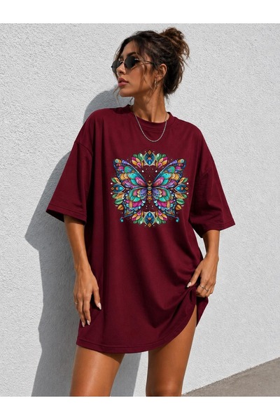 classy moda Γυναικείο μπλουζάκι Oversize με στάμπα πεταλούδας και μάνταλα