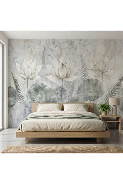 DecorDrive Gri Zemin Üzerinde Beyaz Lotus Çiçekleri ve Yeşil Yapraklar Duvar ...