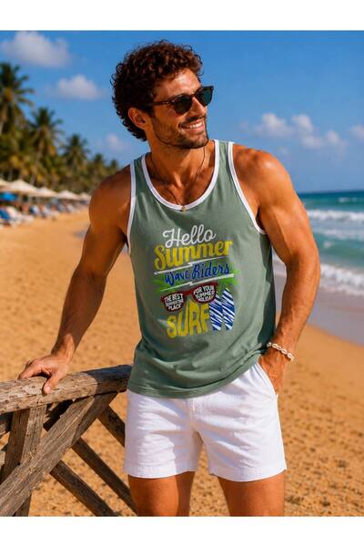 İLKCET MODA Men's Beach Themed Printed Oversize Tank Top