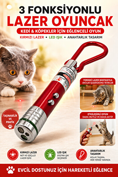 ALL FAST 3 Fonksiyonlu Kedi Köpek Lazer Oyuncağı Kırmızı Lazer ve Beyaz LED I...