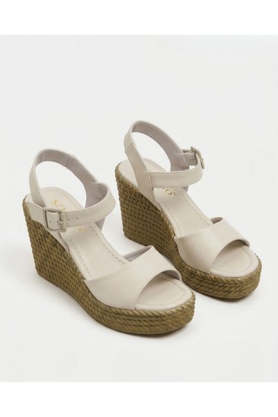 Enes Ayakkabıcılık Women's Straw Wedge Heel Ankle Strap Light Sole Heeled Shoes