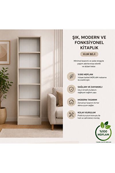 Genel Markalar Modern 5 Raflı Kitaplık %100 MDFLAM 208x53x25,5 cm Çok Amaçlı ...